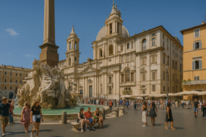Gente paseando por Piazza Navona con la Fuente de los Cuatro Ríos y la iglesia de Sant'Agnese al fondo
