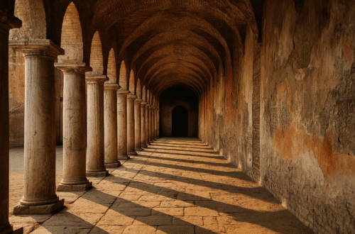 Corredor arqueológico con columnas y arcos antiguos de un criptopórtico romano iluminado por el sol al atardecer.