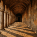Corredor arqueológico con columnas y arcos antiguos de un criptopórtico romano iluminado por el sol al atardecer.