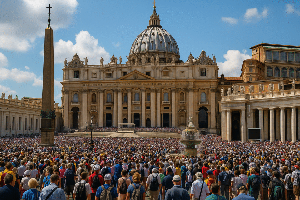 Vista de la Plaza de San Pedro abarrotada de visitantes durante el Jubileo 2025 en Roma