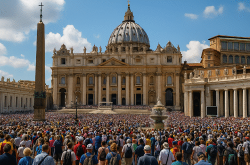 Vista de la Plaza de San Pedro abarrotada de visitantes durante el Jubileo 2025 en Roma