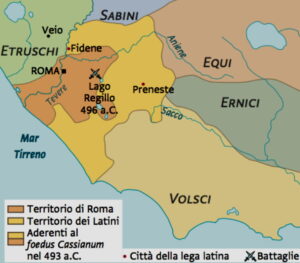 Mapa sobre la situación en Roma tras la batalla del Lago Régilo