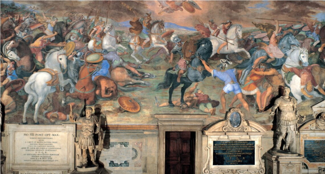 Pintura sobre la Batalla del Lago Régilo en los Museos Capitolinos de Roma