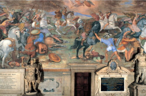 Pintura sobre la Batalla del Lago Régilo en los Museos Capitolinos de Roma