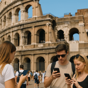 Turistas en Roma usando sus teléfonos móviles frente al Coliseo, simulando el uso de la asistente virtual Julia