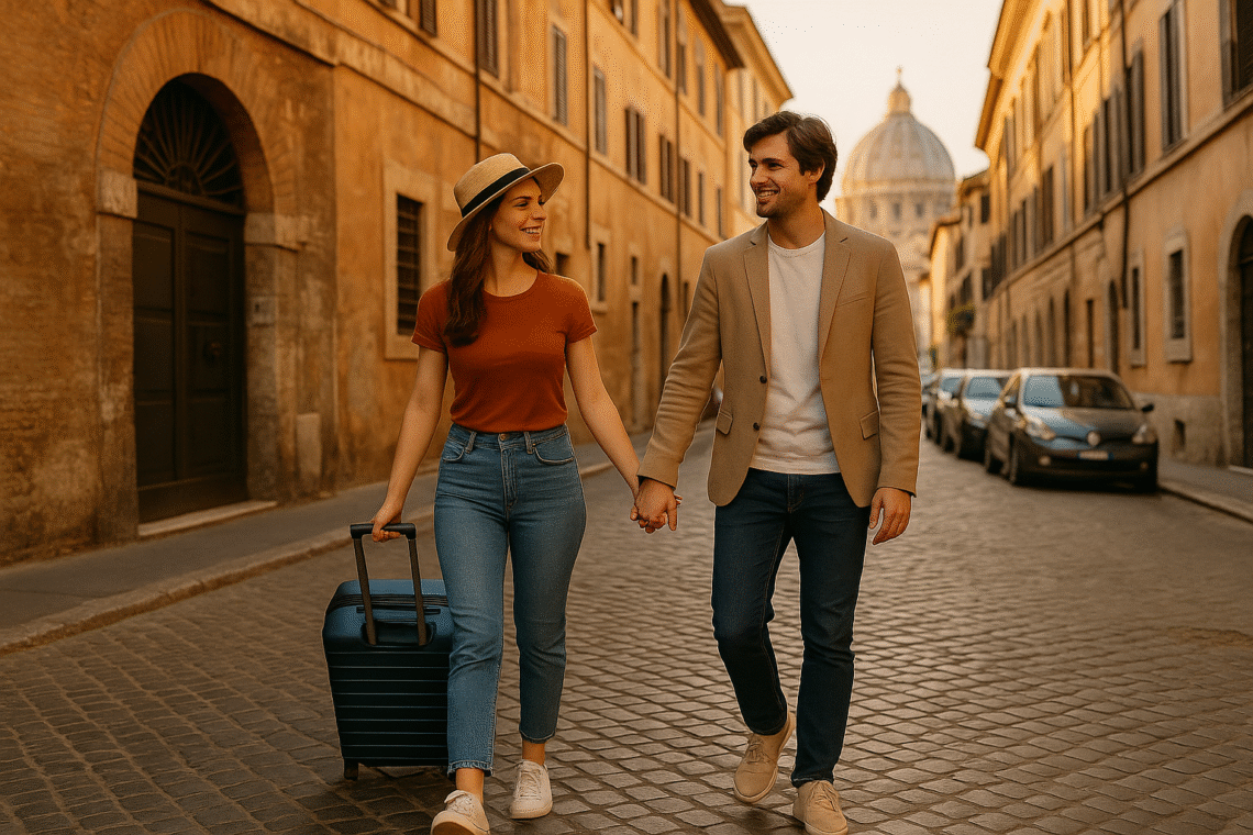 pareja joven paseando con maleta por una calle de Roma al atardecer, con la cúpula de San Pedro al fondo