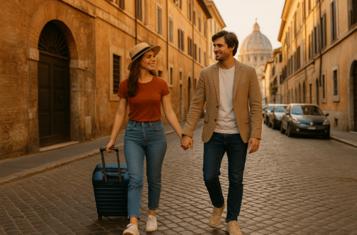 pareja joven paseando con maleta por una calle de Roma al atardecer, con la cúpula de San Pedro al fondo