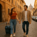 pareja joven paseando con maleta por una calle de Roma al atardecer, con la cúpula de San Pedro al fondo