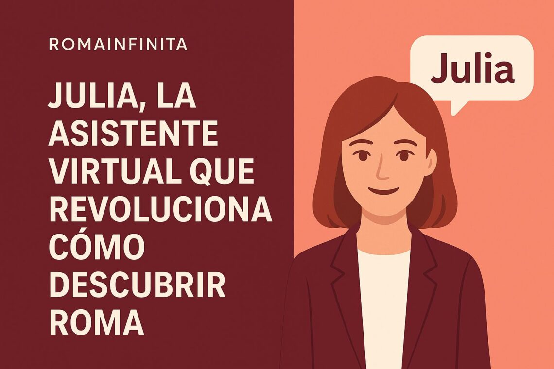 Julia, asistente virtual de Roma, con texto promocional completo sobre fondo burdeos y coral