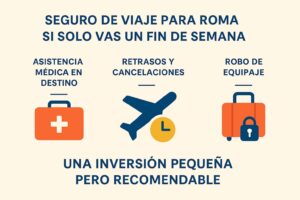 infografía sobre motivos para contratar un seguro de viaje a Roma aunque sea un fin de semana: asistencia médica, cancelaciones y robo de equipaje.