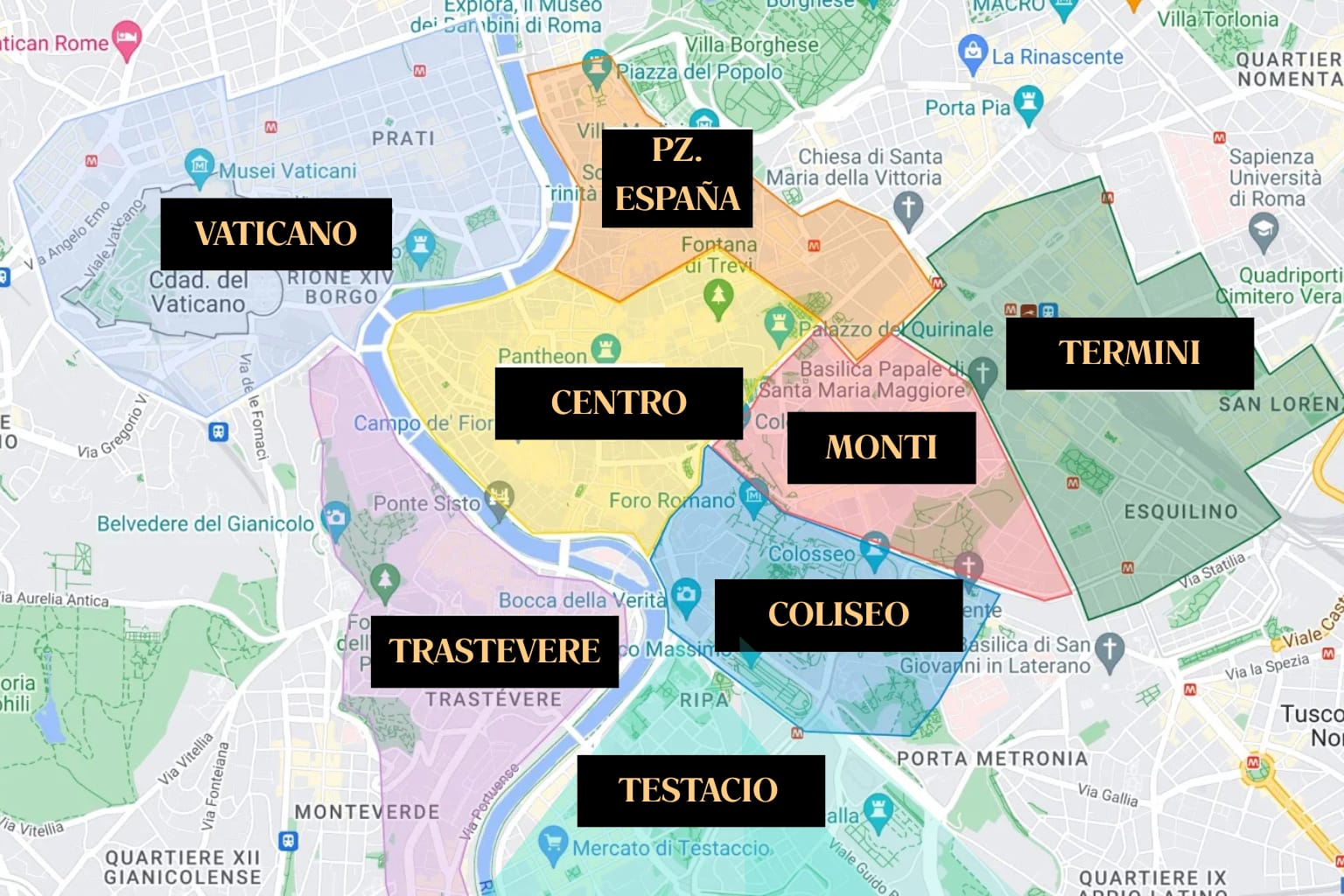 Mapa de los barrios de Roma donde es recomendado alojarse como turista