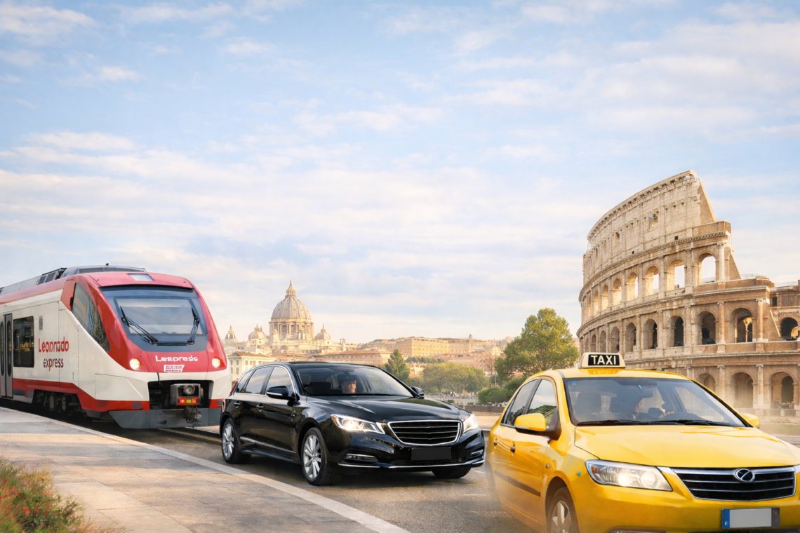 Transporte desde el aeropuerto de Fiumicino al centro de Roma en tren, taxi y traslado privado