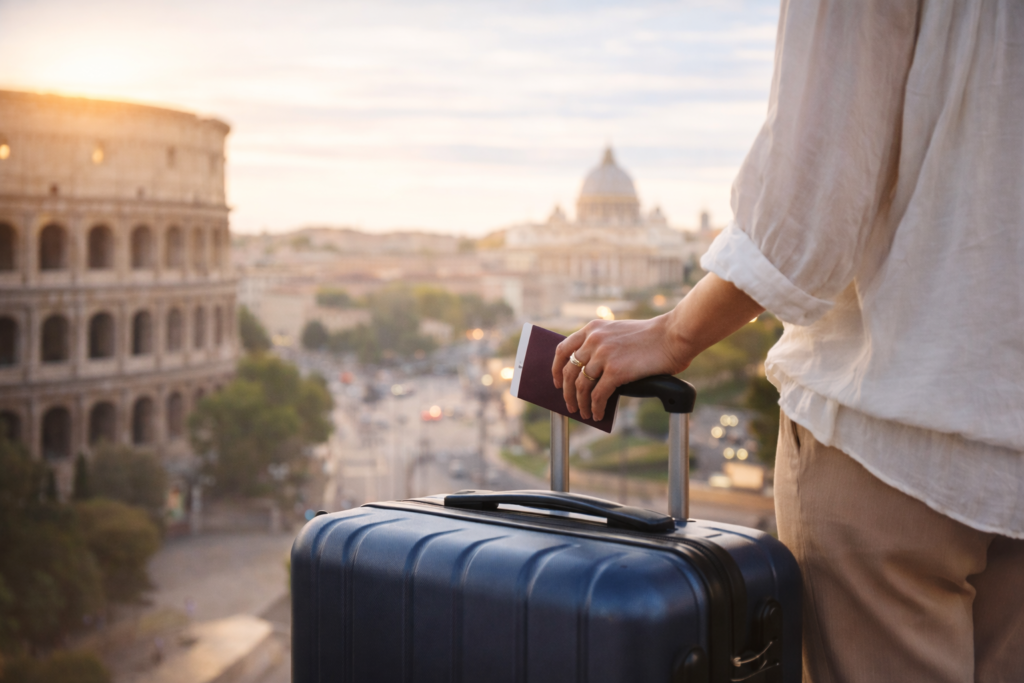 Llegada a Roma desde el aeropuerto de Fiumicino con maleta y vistas al Coliseo
