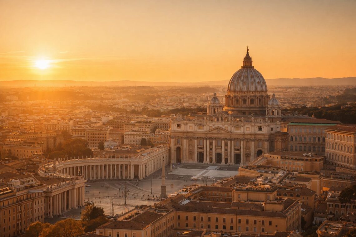 Vista aérea del Vaticano al atardecer con la cúpula de San Pedro y la Plaza de San Pedro en Roma