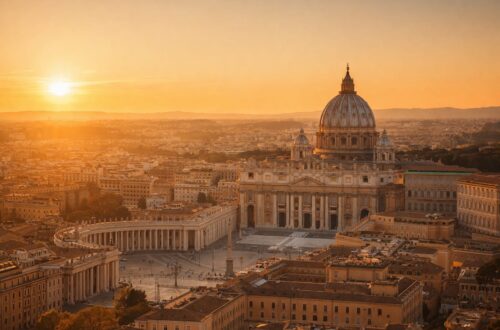 Vista aérea del Vaticano al atardecer con la cúpula de San Pedro y la Plaza de San Pedro en Roma