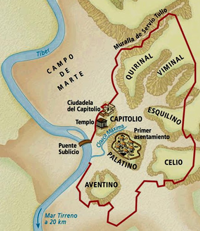 Mapa de las colinas de Roma