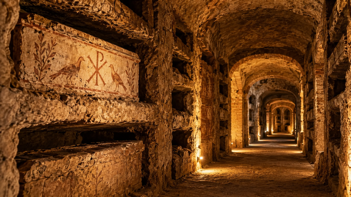 Recreación ilustrativa del interior de unas catacumbas romanas, con galerías subterráneas y antiguos nichos funerarios