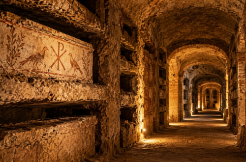 Recreación ilustrativa del interior de unas catacumbas romanas, con galerías subterráneas y antiguos nichos funerarios