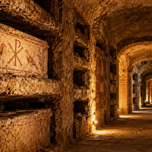 Recreación ilustrativa del interior de unas catacumbas romanas, con galerías subterráneas y antiguos nichos funerarios