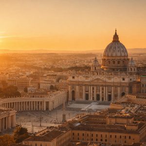 Vista aérea del Vaticano al atardecer con la cúpula de San Pedro y la Plaza de San Pedro en Roma